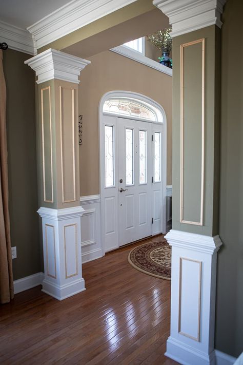 columns with full box trim House Pillar Design, Column Design Ideas, Interior Pillars, Columns Interior, House Pillars, Columns Inside, Box Trim, Cornice Design, Decorative Columns