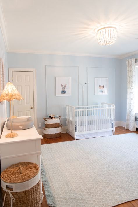 #babyboynursery #nursery #babyblue #traditionalnursery #grandmillenial Blue Painted Nursery, Simple Blue Nursery, Classic Blue Nursery, Accent Wall Baby Boy Nursery, Light Blue Nursery Paint Colors, Nursery Office Combo Layout, Light Blue Baby Boy Nursery, Light Blue Boy Nursery, Blue And Green Nursery Boy