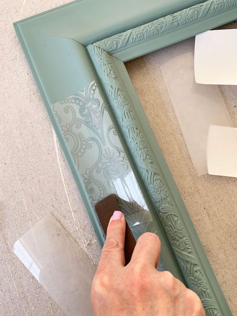 Changing A Mirror Frame, Picture Frame Repainting, Large Wall Mirror Redo, Paint Plastic Mirror Frame, Mirror Frame Makeover Paint, Picture Frame Redo Ideas, Mirror Redo Diy Paint, Ideas For Mirror Frames, Upholstered Mirror Frame