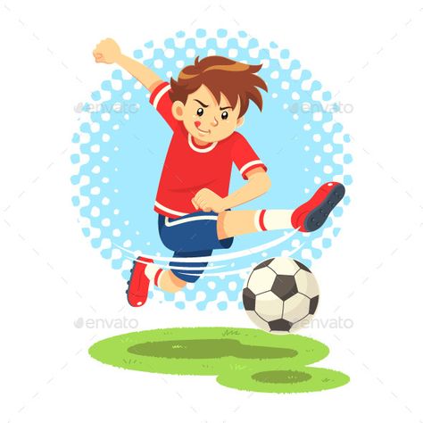 A soccer boy wearing red and blue uniform shooting the ball to make a goal as a striker. Vector EPS10. Geeky Boy, Kicking A Ball, Art Competition Ideas, Grass Illustration, Nature Games, Chinese New Year Background, Sketchbook Challenge, Blue Uniform, Ball Drawing