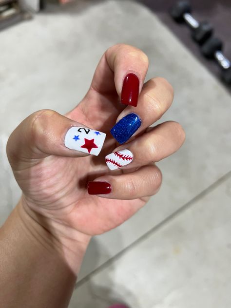 Red White And Blue Baseball Nails, Baseball 4th Of July Nails, Black And Red Baseball Nails, Baseball Toe Nail Designs, Red And Blue Baseball Nails, Mariners Nails Baseball, Baseball Nail Designs, Baseball Nails, America Nails