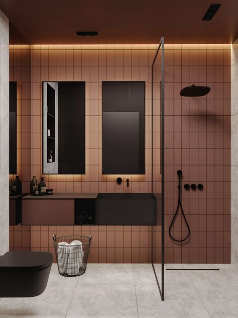 A black modern bathroom vanity cuts across an umber bathroom scheme. White Bathroom, Bathroom Inspiration, 인테리어 디자인, Bathroom Furniture, Bathroom Interior Design, Bathroom Interior, White Walls, Modern Bathroom, Bathrooms Remodel