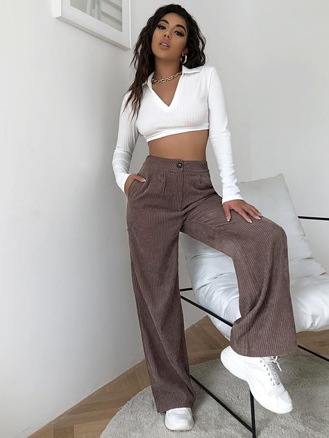 Pantalones Botón Liso Elegante | SHEIN USA Wide Leg Pants Outfit, Cord Trousers, Uni Outfits, Mode Inspo, Outfits Casuales, Aesthetic Outfits, Cute Casual Outfits, Wide Leg Trousers, Classy Outfits