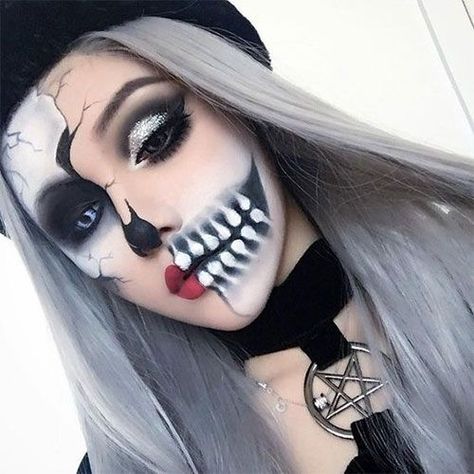 15-Scary-Halloween-Mund-Zähne-Half-Face-Makeup-Für-Mädchen-Frauen-2017-16 #makeup #HalloweenMakeup Horror Smink, Half Skull Makeup, Half Face Makeup, Fete Emo, Makeup Zombie, Halloweenský Makeup, Make Up Diy, Halloween Make-up Looks, Make Up Halloween