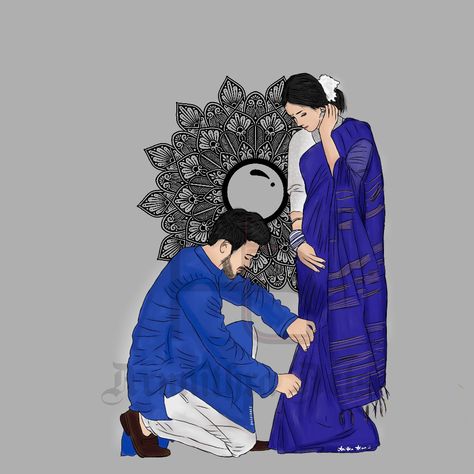 💙💙 Bengali Couple Illustration Drawing, Indian Couple Drawing, Indian Couple Painting, Indian Couple Painting Romantic, Couple Mandala Art, Couple Painting Romantic, Sweet Couple Cartoon, Painting Romantic, Mandala Illustration