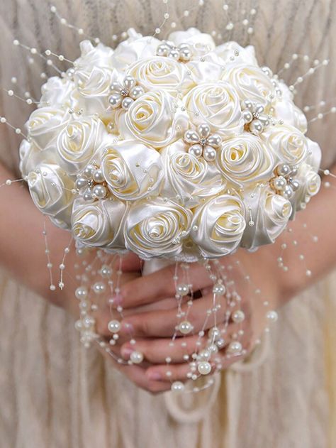 Pearls Wedding Theme, Bouquet For Bride, Simple Wedding Bouquets, Bridal Wedding Bouquet, Rose Bridal Bouquet, White Wedding Bouquets, Artificial Flower Bouquet, Satin Roses, Wedding Bridal Bouquets