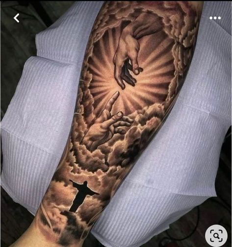 Inner Bicep Men’s Tattoo, Holy Tattoos For Men, Christian Men Tattoos, Half Sleeve Tattoos For Guys Upper Arm, Religious Sleeve Tattoos, Christian Tattoos Men, Jesus Tattoo Sleeve, Tricep Tattoo, Religous Tattoo