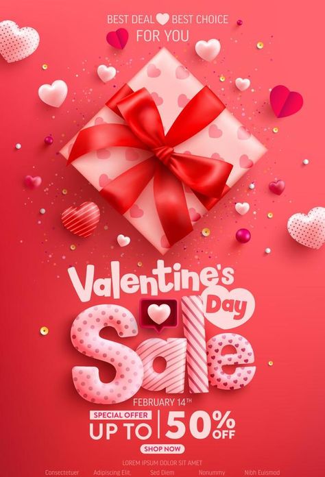 Valentine's Day Sale Poster or banner with cute gift box and sweet hearts on red background.Promotion and shopping template or background for Love and Valentine's day concept. Valentines Sale Poster, Valentines Day Promotion Design, Valentines Day Offer Poster, Valentine Offer Poster, Valentines Ads Design, Valentines Day Advertising Marketing, Valentine Giveaway Ideas, Valentines Day Sale Poster, Valentine Graphic Design Poster