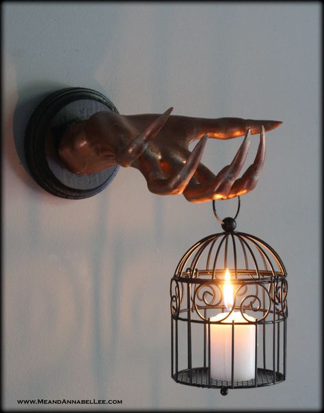 Diy Wall Sconces, Halloween Candles Diy, Bird Cage Candle, Bird Cage Candle Holder, Creepy Hand, Annabel Lee, Fake Candles, Dark Home Decor, Goth Home Decor