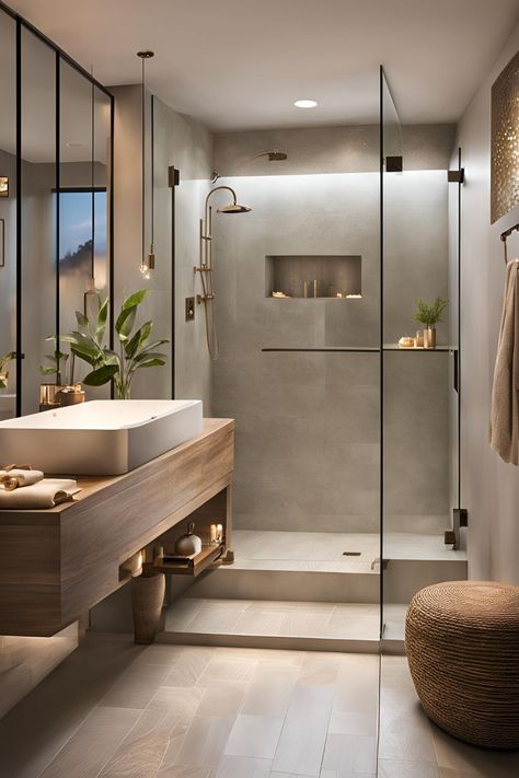 Rainfall Showers in Small Full Bathrooms En Suite Wet Room Ideas, Japanese Shower Design, Stand Up Shower Bathroom Ideas, Spa Looking Bathroom Ideas, Small Natural Bathroom, Rainfall Shower Ideas, Walk In Shower Room, Small Bathroom Design Layout, Condo Interior Design Luxury