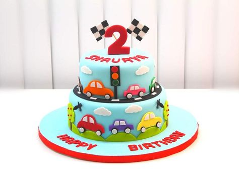 Car Vehicles Theme Cake - cake by Shilpa Kerkar - CakesDecor 2nd Birthday Cake Boy, Γενέθλια Mickey Mouse, Toddler Birthday Cakes, Cars Theme Cake, Cake Designs For Boy, Second Birthday Cakes, Twin Birthday Cakes, Baby Boy Birthday Cake, Butterscotch Cake