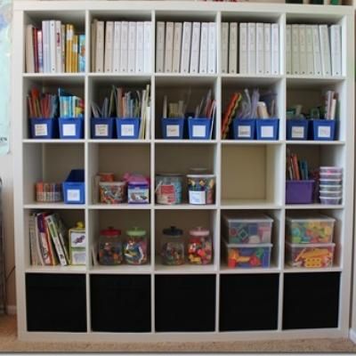 I love the idea of having one for each kids stuff! Homeschool Room Organization, Ikea Expedit, Craft Closet, Homeschool Books, Organization Station, Homeschool Inspiration, Homeschool Classroom, Homeschool Planning, School Room