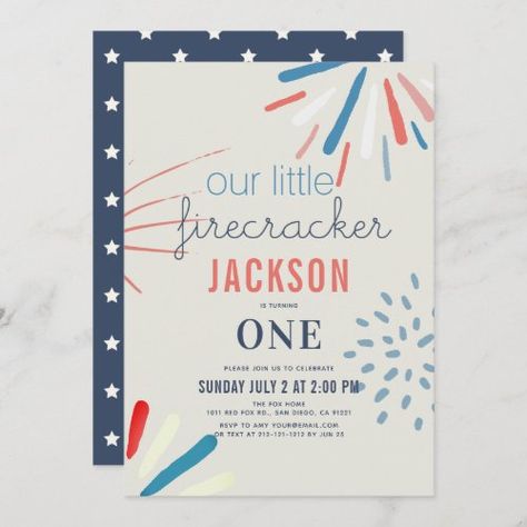 4th Of July First Birthday, Fireworks Birthday, 98th Birthday, 1st Birthday Invitation, July Birthday, 1st Birthday Invitations, Birthday Invitations Kids, Boy First Birthday, First Birthday Invitations