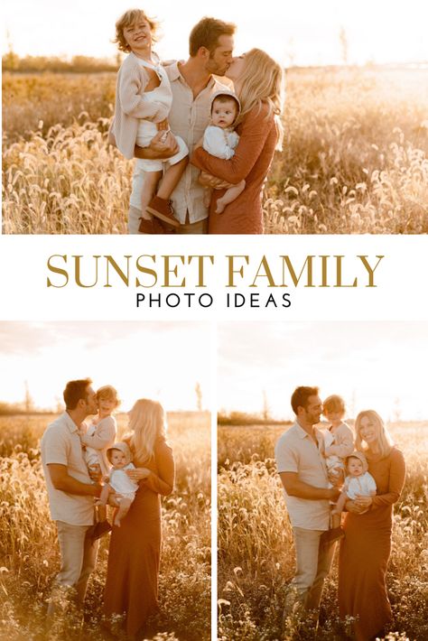 Best Family Picture Poses, Family Sunset Pictures, Family Photos At Home Outside, Summer Photoshoot Ideas Family Of 4, Summer Golden Hour Family Photos, Fall Family Photos Toddler And Baby, Family Photo Ideas Summer, Family Photo With Baby And Toddler, Fall Sunset Family Photos