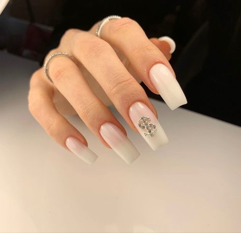 #nails #milkygel #whitenails #dollar #crystal #stone Dollar Nails, Crystal Stone, White Nails, Nails, Crystals, Stone