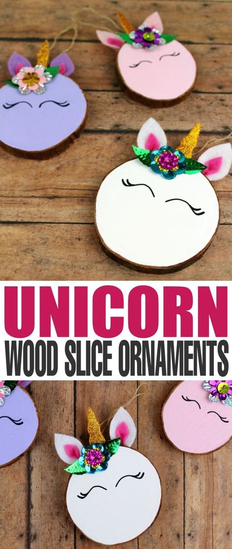 These Wood Slice Unicorn Ornaments are an adorable DIY project for you and the kids to tackle over the holiday season. They are an easy to make craft that also make for a great gift and look great on a Christmas tree. Unicorn Crafts For Kids, Diy Christmas Gifts For Kids, Holiday Wood Crafts, Wood Slice Ornaments, Make Craft, Wood Projects For Kids, Unicorn Christmas, Unicorn Ornaments, Wood Slice Crafts