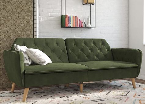 Best Futon, Comfortable Futon, Best Sleeper Sofa, Green Couch, Futon Sofa Bed, Futon Sofa, Apartment House, Future Apartment, Living Room Decor Apartment