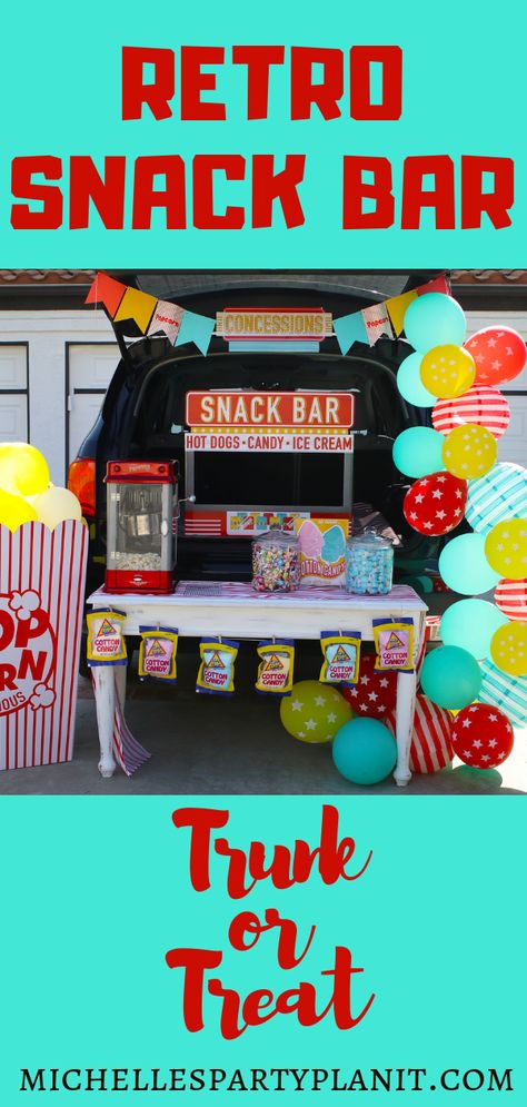 Retro Snack Bar Trunk or Treat - Celebrate Halloween with this non scary Retro Snack Bar Trunk or Treat idea. Great for Church festivials and fundraising events! #halloween #trunkortreat #retrosnackbar Hot Snacks, Snack Stand, Birthday Snacks, Volunteer Gifts, Ice Cream Candy, Concession Stand, Icecream Bar, Snack Bar, Fundraising Events