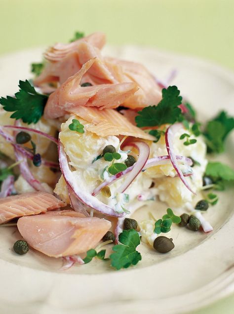 smoked trout & jersey royal salad | Jamie Oliver | Food | Jamie Oliver (UK) Trout Salad, Smoked Trout Recipe, Smoked Fish Recipe, Smoked Trout Salad, Fancy Salads, 2023 Food, Trout Recipes, Cooking Fish, Salad Salad