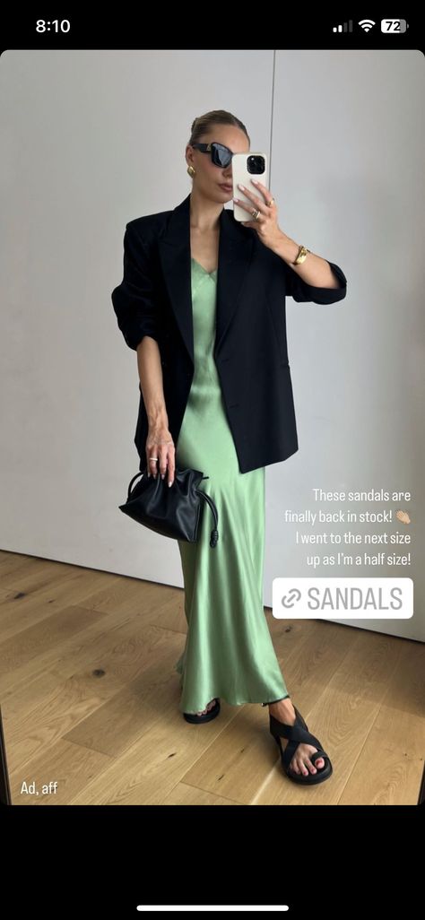 Dress With Blazer, Black Clutch Bags, Green Silk Dresses, Dress Blazer, Green Maxi Dress, Silk Maxi, Green Maxi, Black Clutch, Maxi Slip Dress