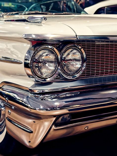 This is a close-up photograph on the right-front side of a classic 1950's American car, featuring its headlights and grille. Photo Poster, Image Fun, Close Up Pictures, American Cars, Car Photography, Poster Vintage, Aspect Ratio, Photo Posters, Photo Print