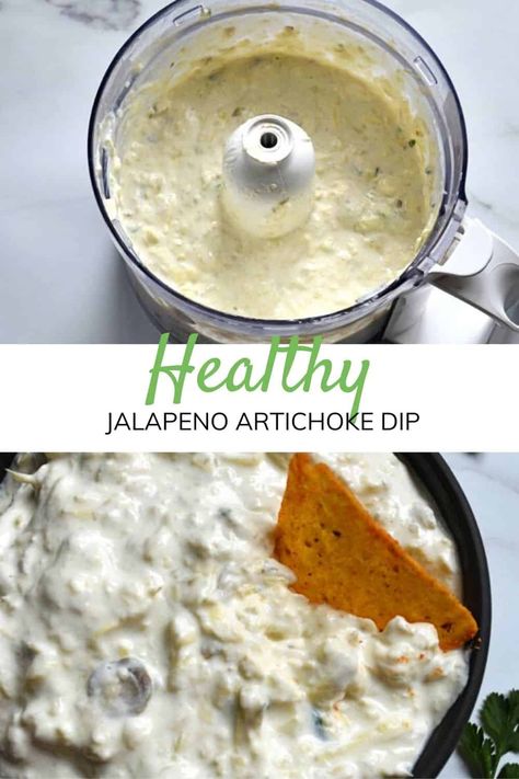 This easy, creamy jalapeno artichoke dip is the perfect game day appetizer or snack. Serve it with crackers, chips or vegetables for a tasty dip everyone will love. This simple recipe is gluten free, egg free, soy free, nut free and sugar free - and is made lighter and healthier using Greek yogurt. Artichoke Dip With Cream Cheese, Jalapeno Artichoke Dip, Artichoke Jalapeno Dip, Creamy Jalapeno Dip, Dip With Cream Cheese, Tv Snack, Yoghurt Dip, Greek Yogurt Dips, Creamy Jalapeno