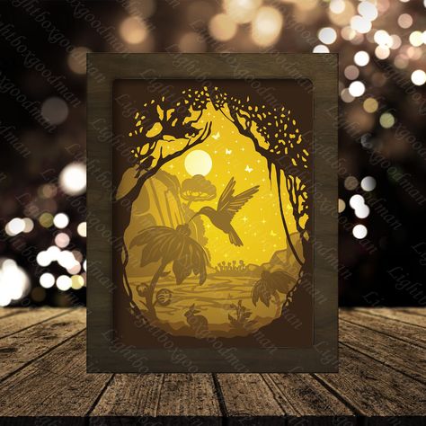 Excited to share the latest addition to my #etsy shop: Hummingbird 1 Paper Light Box, Shadow Box, 3D Paper Cut Light Boxes, Night Light, Paper Sculptures Lamp, Paper Cut HandMade, Lightbox https://etsy.me/3kv6LdY #bedroom #wood #animalsshadowbox #animalspapercut #paper Shadow Box Kunst, Shadow Light Box, Cricket Crafts, Shadow Box Gifts, Paper Box Template, Silhouette Template, Shadow Box Art, 3d Shadow Box, Paper Light