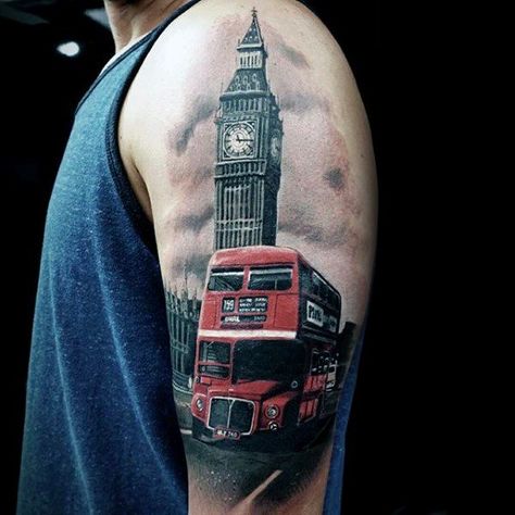 Big Ben Guys Arm Tattoo Designs London Skyline Tattoo, Big Ben Tattoo, Bus Tattoo, Clock Tattoo Design, London Tattoo, Watch Tattoos, Clock Tattoo, Face Tattoos, Tattoo Parlors