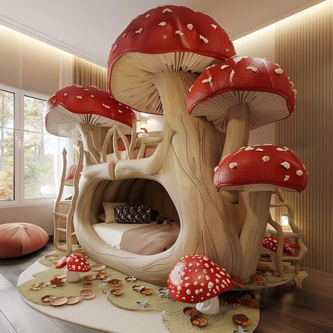 Introducing the MycoNest Bunk Bed: a whimsical, fungi-inspired design crafted for both functionality and charm. With its organic shapes and sturdy build, it provides a cozy retreat for sleep and play. Conceptual AI Art Follow @ecosapiens for more! Forest Theme Bedrooms For Kids, Nature Themed Bedrooms, Cool Bed Designs, Weird Furniture Unique, Mushroom Beds, Cute Home Ideas, Cute Beds, Mushroom Furniture, Cool Room Ideas