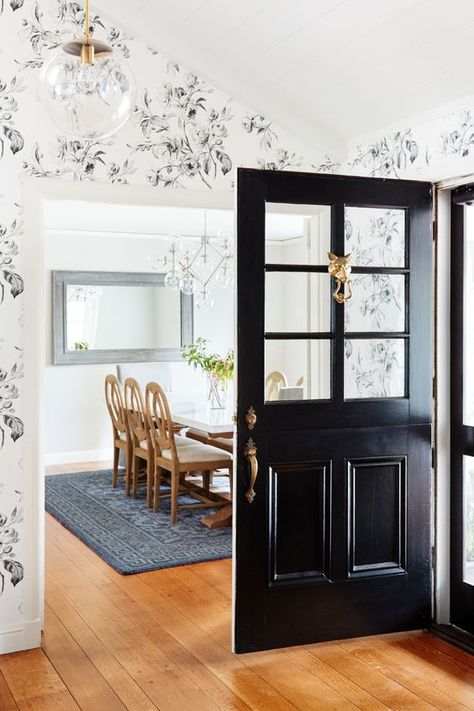 Black And White Cottage, Wallpapered Entryway, Style Me Pretty Living, Black Front Doors, Black And White Wallpaper, White Room, Blackbird, White Wallpaper, Classic House