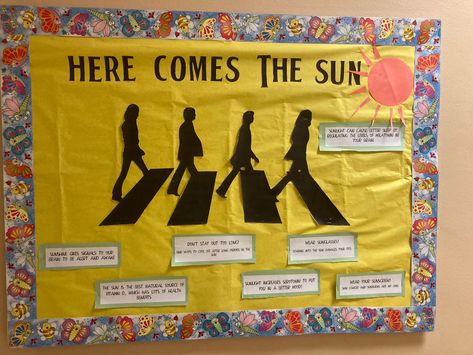 70s Ra Bulletin Board, Sun Safety Bulletin Board, Here Comes The Sun Bulletin Board, Beatles Bulletin Board, 70s Bulletin Board, Ra Summer Bulletin Boards, 70s Theme Bulletin Board, Pop Culture Bulletin Board Ideas, Music Ra Bulletin Boards