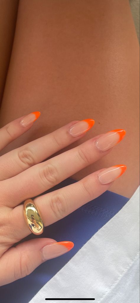 Nails Acrylic Ideas Summer, Nails Acrylics Almond, French Manicure Long Nails, Orange French Nails, Acrylics Almond, Vacation Nail Ideas, Nails Acrylic Ideas, Ideas Summer Nails, Almond Nails Designs Summer