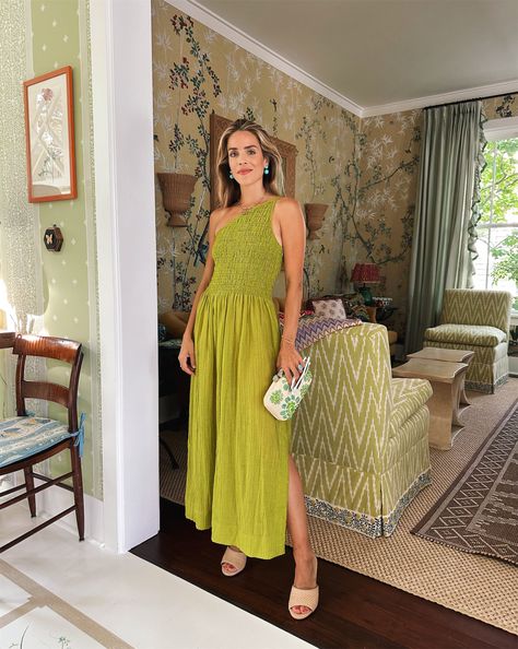 Julia Berolzheimer Daily Look featuring Julia wearing Three Graces dress, Veronica Beard wedges, Aerin x Pamela Munson clutch, and Irene Neuwirth earrings. White House Blue Shutters, Julia Berolzheimer Outfits, French Garden Party, Julia Hengel, Keep Cool In The Heat, Personal Color Palette, Blue Shutters, Julia Berolzheimer, Vacay Mode