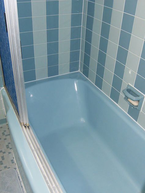 A retro renovation, save the bue bathroom Blue Bathroom Suite Retro, Blue Bathtub Makeover, 1950s Blue Tile Bathroom, Blue Vintage Bathroom Ideas, Bathroom With Blue Tub, Blue Tub Bathroom, Blue Bathtub Bathroom Ideas, Blue Tub Bathroom Ideas, Vintage Blue Tile Bathroom