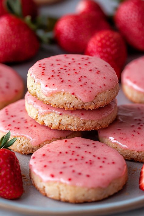 Simple Food Pictures, Strawberry Iced Oatmeal Cookies, Valentine’s Day Treats Cookies, Cookie Crackers, Valentine Bakes, Valentine’s Day Cookies, Valentine Food Ideas, Strawberry Shortbread Cookies, Strawberry Baking