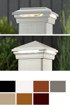 Trex deck post lights in a variety of colors sit discreetly under the post cap to provide your space with a warm glow Trex Deck Stairs, Deck Stair Lights, Post Cap Lights, Deck Post Lights, Outdoor Deck Lighting, Stairs Lighting, Deck Remodel, Led Deck Lighting, Stair Lights