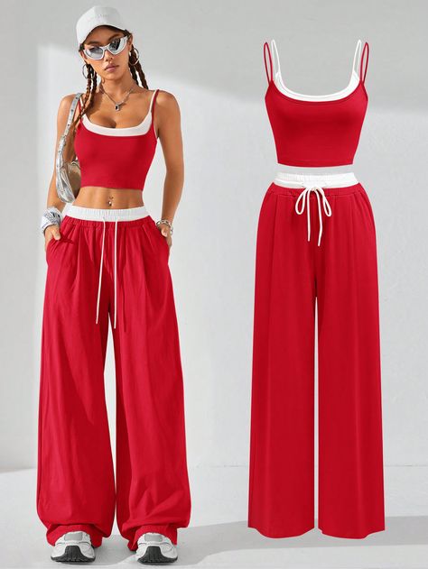 SHEIN Coolane Conjunto de dos piezas estilo urbano de moda para damas en primavera-verano, conjunto de camisola de empalme 2 en 1 y pantalones de bloques de colorHe descubierto los artículos más increíbles en SHEIN.com, ¡ve y echa un vistazo! Colorblock Pants, Working Out Outfits, School Clothes, Casual Sport, Color Rojo, Back To School Outfits, Kids Beachwear, White Casual, Fashion Colours