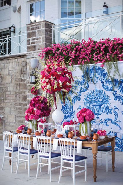 Pink And Blue Dinner Table, Blue Fuschia Color Palette, Wedding Table Blue, Blue Tile Wedding, Mamma Mia Wedding, Talavera Wedding, Greece Party, Tile Wedding, Magenta Wedding