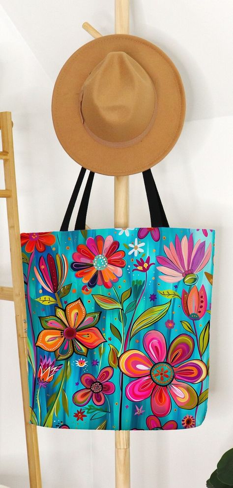 Floral Tote Bag Canvas Hippie Tote Bag for Best Friend Gift Folk Art Flower Tote Bag Canvas Bright Summer Bag for Women Turquoise Pink Tote - Etsy Painted Spools, Hippie Tote Bag, Flower Tote Bag, Bright Decor, Abstract Painting Techniques, Flower Tote, Floral Tote Bag, Fabric Accessories, Summer Bag