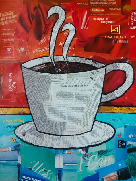 Collage Using Recycled Materials, Collage Recycled Materials, Coffee Collage Art, Collage Magazine Art, Paper Collage Art Ideas Easy, Magazine Collage Ideas, Collage Drawing Ideas, News Paper Art, Magazine Collage Art