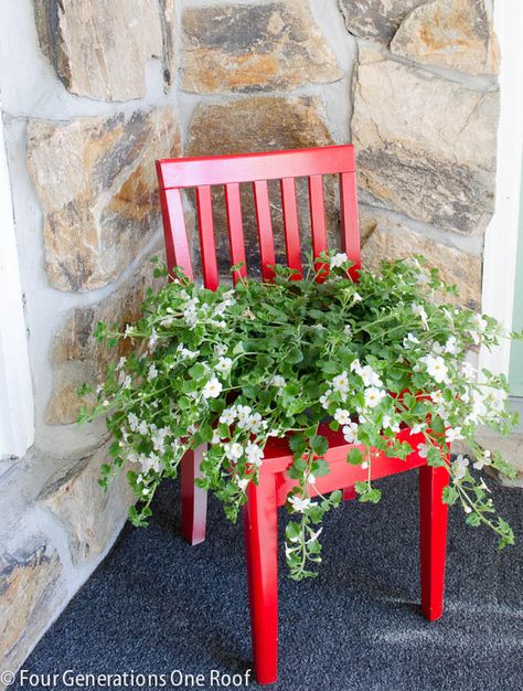 How to turn a chair into a planter. Cute, simple and free! Four Generations One Roof Chairs With Flowers, Chair With Flowers, Repurposed Planter, Chair Planter, Different Pictures, Old Chair, Red Chair, Garden Containers, Diy Chair