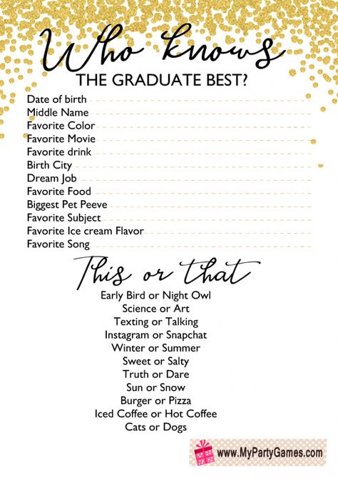 Free Printable Who Knows the Graduate Best? Game Who Knows The Graduate Best, Graduation Party Pictures, Senior Year Things, Graduation Boards, Graduation Games, Backyard Graduation Party, Graduation Party Games, Outdoor Graduation Parties, Graduation Printables