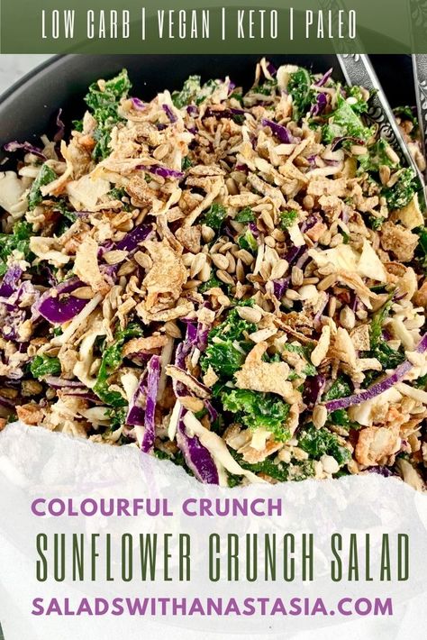 You are just going to love this colourful salad that is chock full of crunchy vegetables and nutty sunflower seeds. It makes a great make-ahead salad to take to pot-lucks, for barbecues or weekday lunches. #vegan #healthy #keto #dairyfree #whole30 #Paleo #chopped #sunflowerseeds #kale Sunflower Crunch Salad, Sunflower Salad, Colourful Salad, Weekday Lunches, Crunchy Vegetables, Crunch Salad, Make Ahead Salads, Salads For A Crowd, Easy Salad Dressing