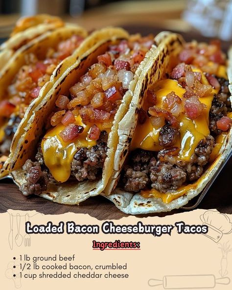 Easy Daily Recipes | Loaded Bacon Cheeseburger Tacos 🌮 | Facebook Loaded Bacon Cheeseburger Tacos, Bacon Tacos, Cheeseburger Tacos, Taco Ingredients, Shredded Cheddar Cheese, Daily Recipes, Bacon Cheeseburger, Game Time, Daily Meals