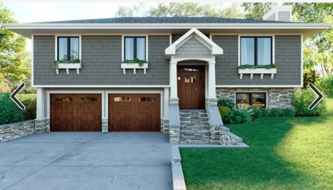 Split Entry Remodel Exterior, Raised Ranch Remodel Exterior, House Exterior Paint Ideas, Raised Ranch Exterior, Craftsman Style Garage, Ranch Exterior Remodel, Exterior Paint Ideas, Split Foyer Remodel, Split Level House Exterior