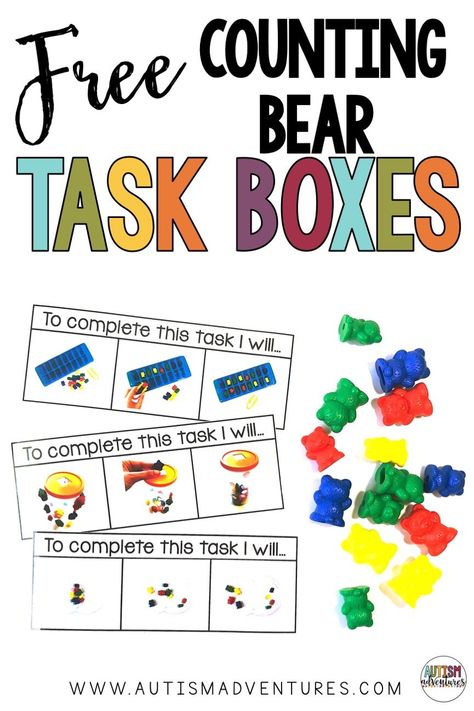 These free task boxes are great for special education classrooms and to foster independence! Click the pin to check out the variety of ways you can use counting bears in these boxes. Speech Task Boxes, Science Task Boxes, Free Task Box Printables, Teacch Tasks, Counting Bears, Work Bins, Center Rotations, Self Contained Classroom, Special Education Activities