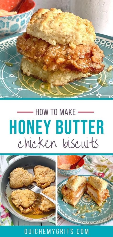 fried chicken biscuit with honey butter Hot Honey Chicken Biscuit Recipe, Honey Butter Buttermilk Biscuits, Biscuits With Honey Butter, Homemade Chicken Biscuits, Honey Butter Chicken Sandwich, Butter Fried Chicken Recipe, Honey Buttered Fried Chicken, Honey Butter Chicken Biscuit Recipe, Honey Butter Sauce For Chicken