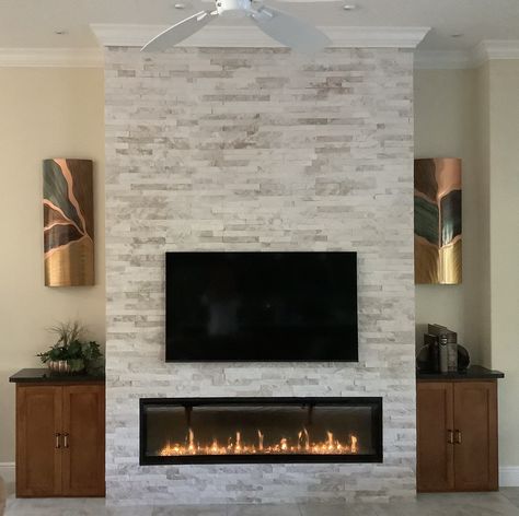 Stone Fireplace With Crown Molding, Electric Fireplace With Stone Wall, Fireplace With Crown Molding, Ledger Stone Fireplace, Horizontal Fireplace, Wall Remodel, Stone Electric Fireplace, Tv Enclosure, Fireplace Accent Walls