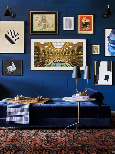 Dark blue library walls with gallery wall and velvet daybed on Thou Swell @thouswellblog Frame Tv Gallery Wall, Barn Makeover, Light Blue Paint Colors, Best Blue Paint Colors, Light Blue Paints, Samsung The Frame, Dining Room Blue, Louise Roe, Blue Paint Colors