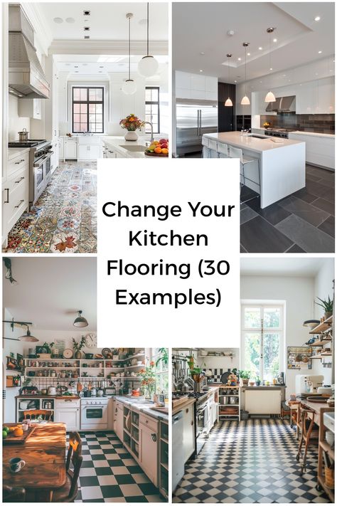 Tips and ideas for changing up your kitchen flooring to give your kitchen a new lease of life. Large Tiled Kitchen Floor, Lvp Kitchen Flooring Tile, Tile Ideas For Kitchen Floor, Tile Wood Transition Kitchen, Flooring For Small Kitchen, Kitchen Remodel Tile Floor, Marble Tile Kitchen Floor, Tile Kitchen Floor Next To Hardwood, Painting Kitchen Floor Tiles